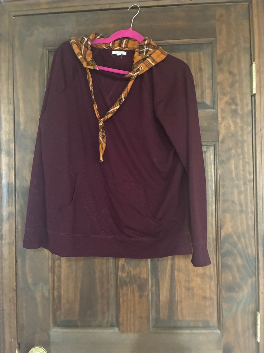 Maurices Burgundy Pullover with Mustard Plaid Hood Trim